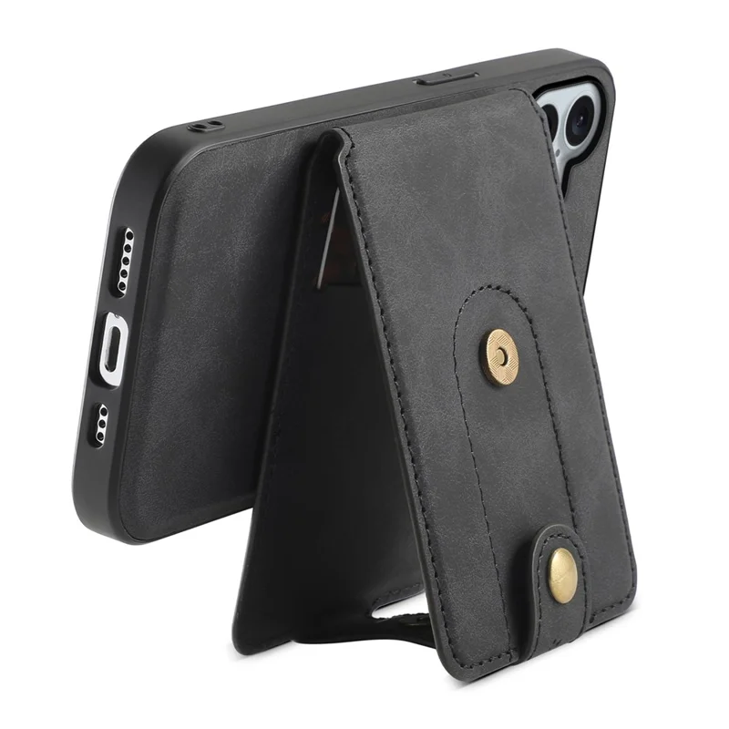 DENIOR D14 For iPhone 16 Case Kickstand Card Holder Retro Leather Back Phone Cover - Black