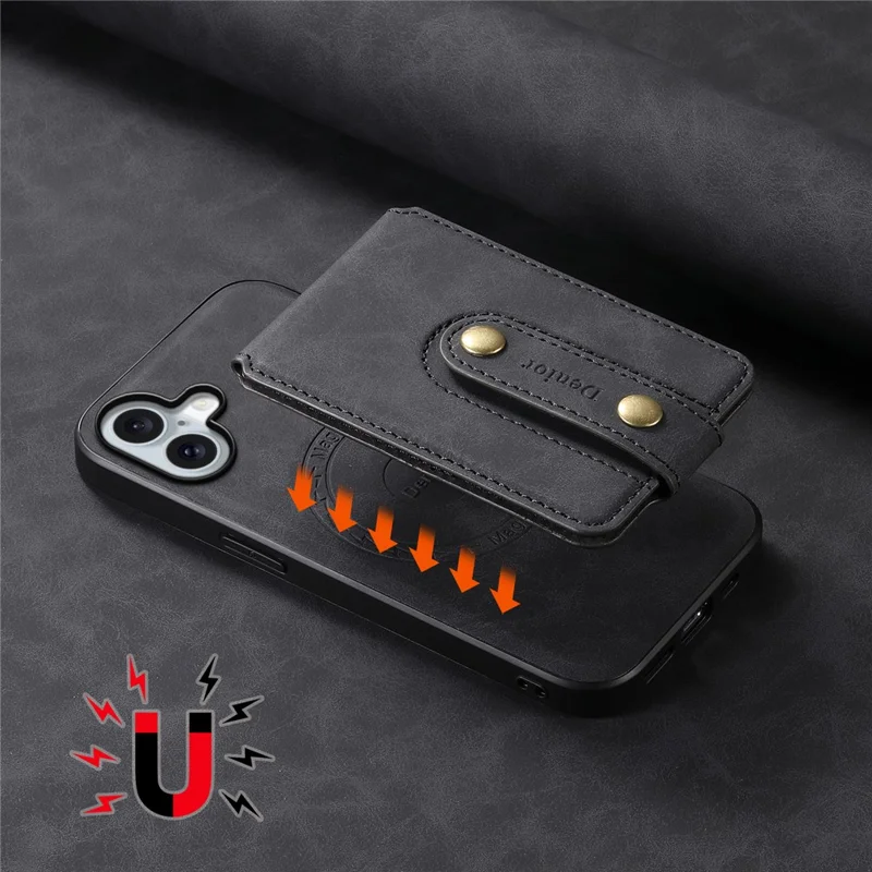 DENIOR D14 For iPhone 16 Case Kickstand Card Holder Retro Leather Back Phone Cover - Black