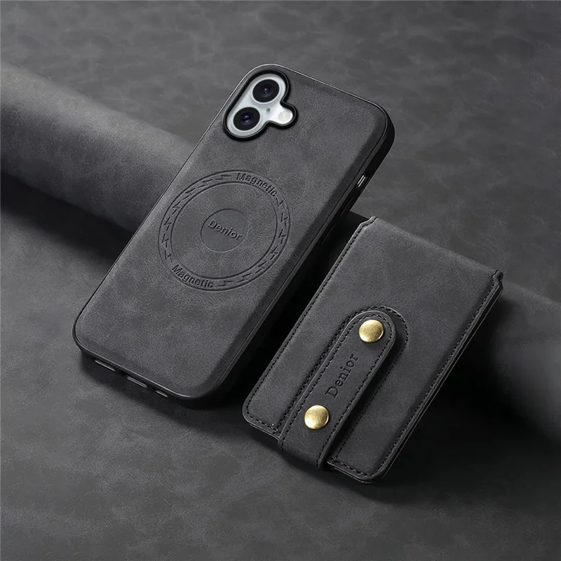 DENIOR D14 For iPhone 16 Case Kickstand Card Holder Retro Leather Back Phone Cover - Black