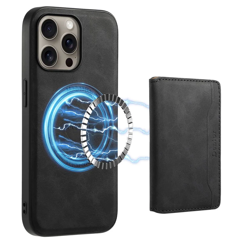 DENIOR D13 For iPhone 16 Pro Max Magnetic Case Leather Phone Back Cover Card Holder - Black