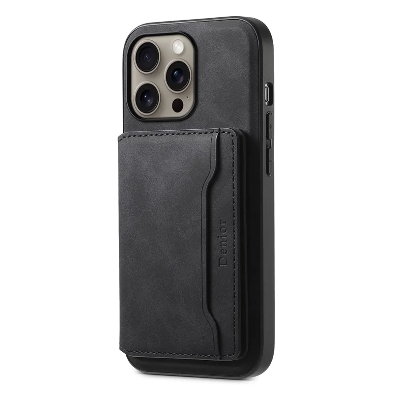 DENIOR D13 For iPhone 16 Pro Max Magnetic Case Leather Phone Back Cover Card Holder - Black