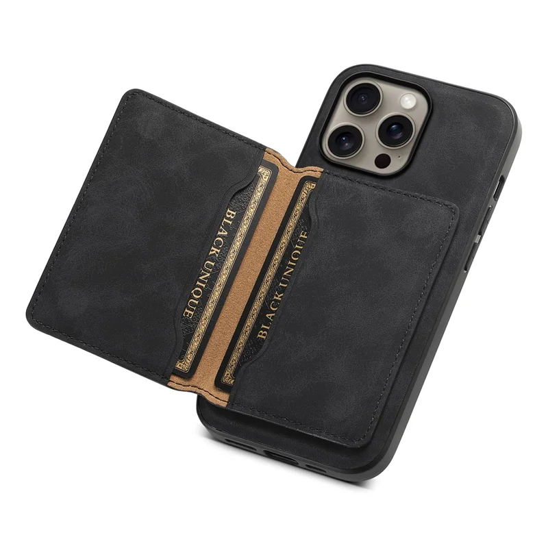 DENIOR D13 For iPhone 16 Pro Max Magnetic Case Leather Phone Back Cover Card Holder - Black