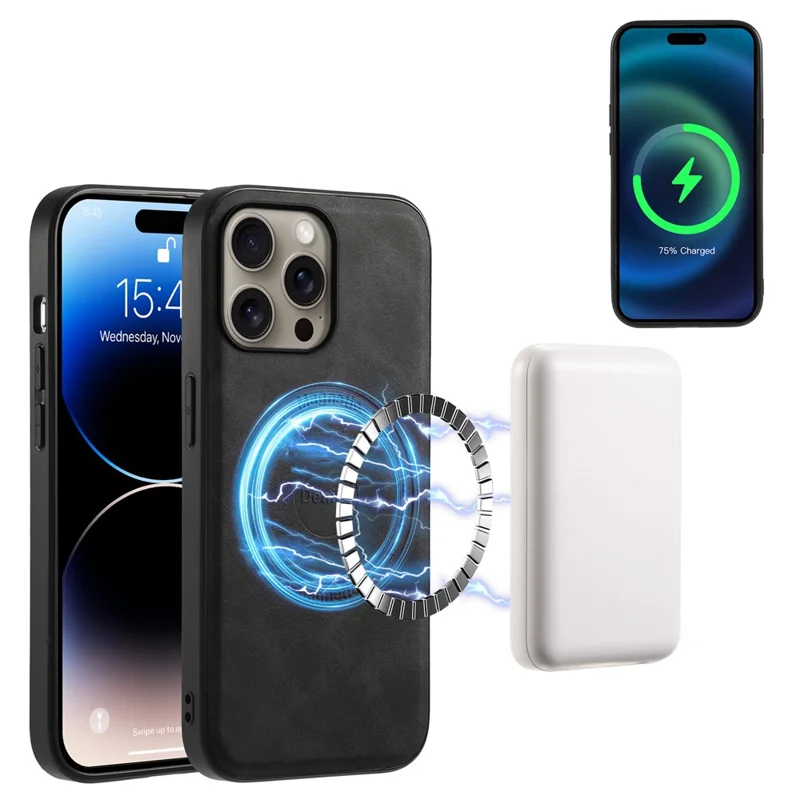 DENIOR D13 For iPhone 16 Pro Max Magnetic Case Leather Phone Back Cover Card Holder - Black