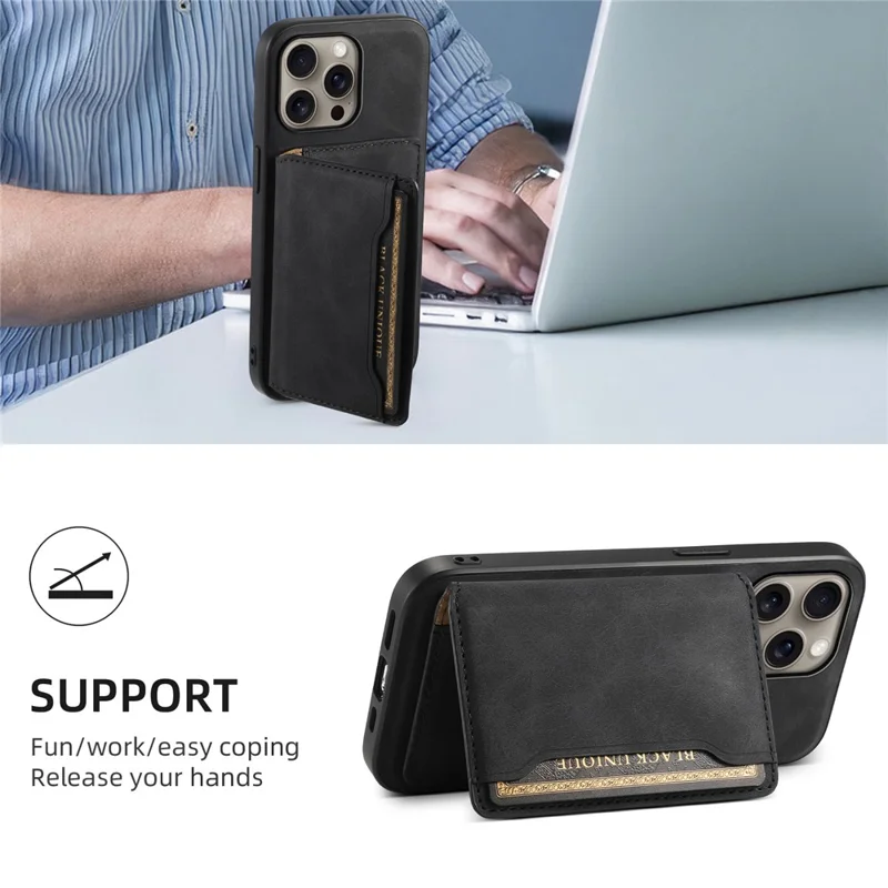 DENIOR D13 For iPhone 16 Pro Max Magnetic Case Leather Phone Back Cover Card Holder - Black