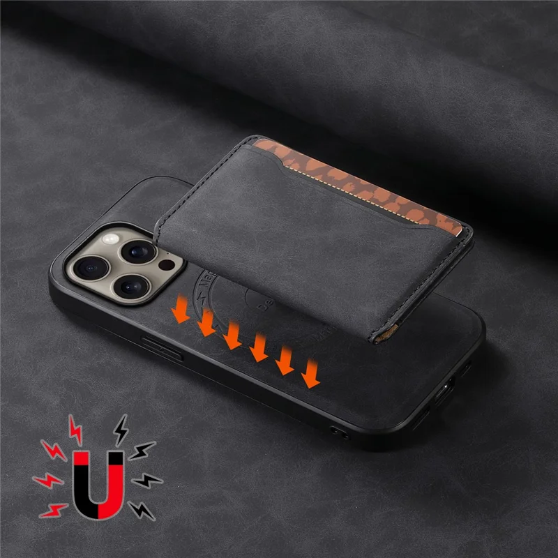 DENIOR D13 For iPhone 16 Pro Max Magnetic Case Leather Phone Back Cover Card Holder - Black