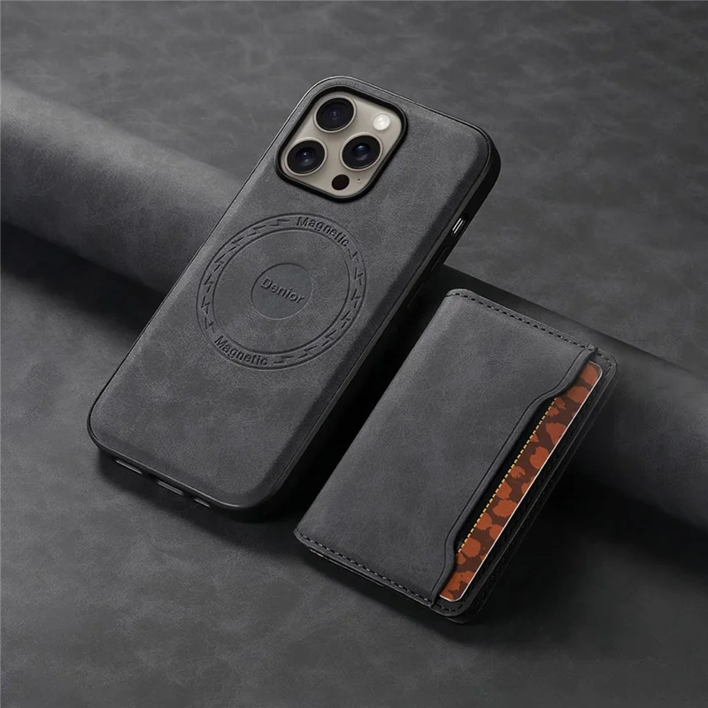 DENIOR D13 For iPhone 16 Pro Max Magnetic Case Leather Phone Back Cover Card Holder - Black