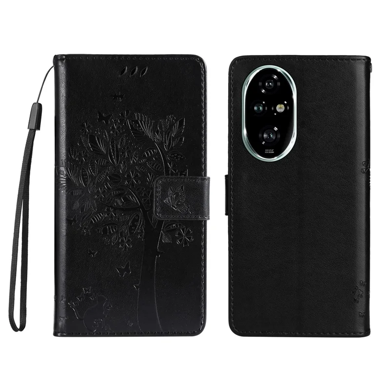 For Honor 200 Pro 5G Phone Case with Stand Cat Tree Pattern Leather Wallet Mobile Cover - Black