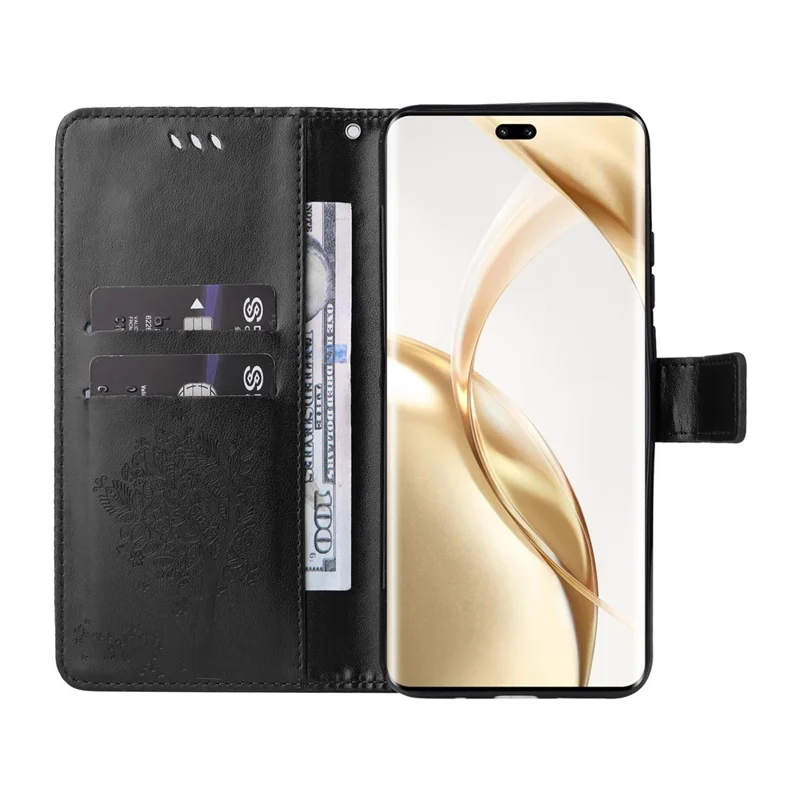 For Honor 200 Pro 5G Phone Case with Stand Cat Tree Pattern Leather Wallet Mobile Cover - Black