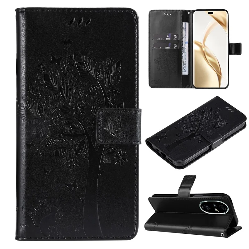 For Honor 200 Pro 5G Phone Case with Stand Cat Tree Pattern Leather Wallet Mobile Cover - Black
