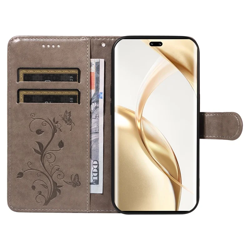 For Honor 200 Pro 5G PU Leather Cases Flower Pattern Wallet Stand Phone Cover with Strap - Grey
