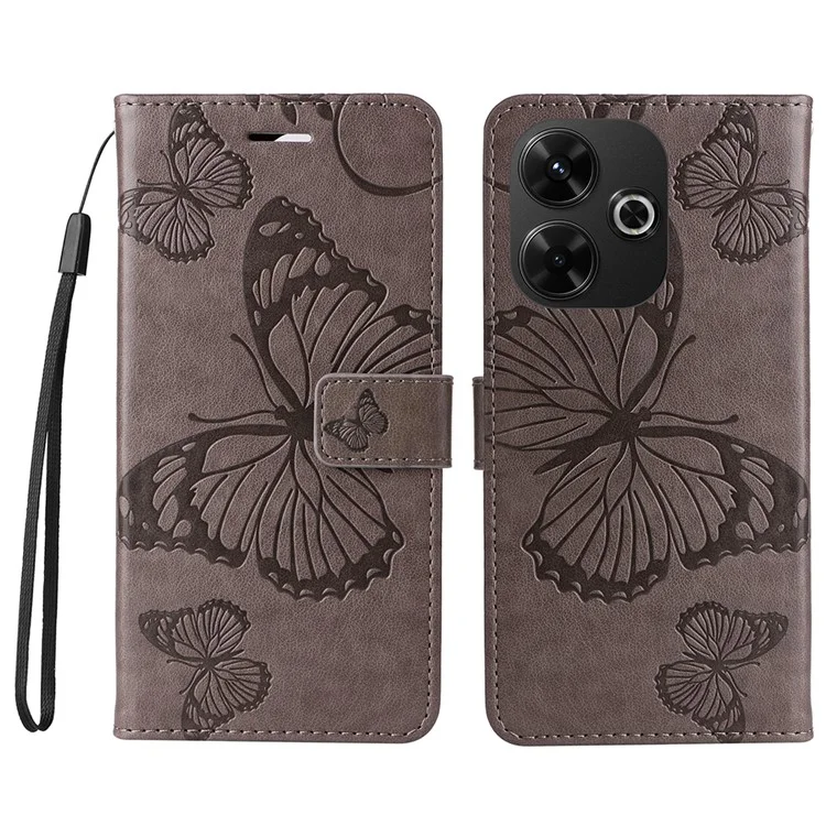 KT Imprinting Flower Series-2 Para Xiaomi Redmi 13 5G / 13 4G Funda Floral de Mariposa de Cuero con Soporte - Gris