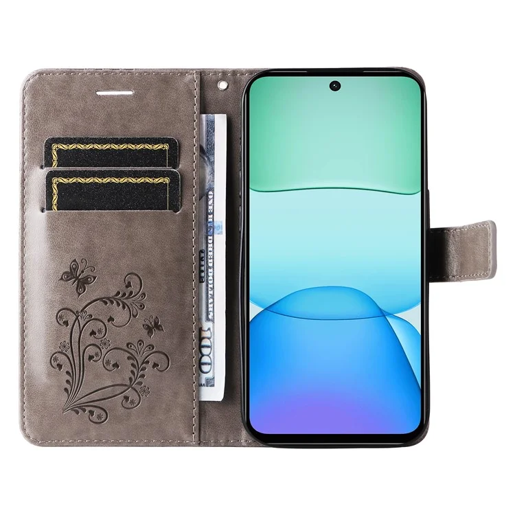 KT Imprinting Flower Series-2 Para Xiaomi Redmi 13 5G / 13 4G Funda Floral de Mariposa de Cuero con Soporte - Gris