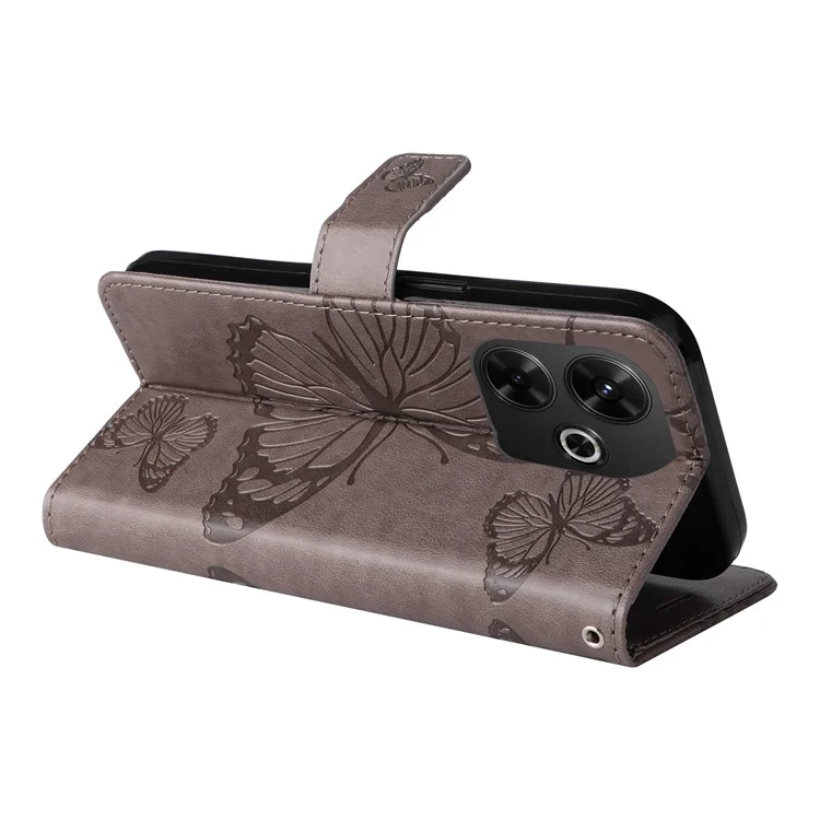 KT Imprinting Flower Series-2 Para Xiaomi Redmi 13 5G / 13 4G Funda Floral de Mariposa de Cuero con Soporte - Gris