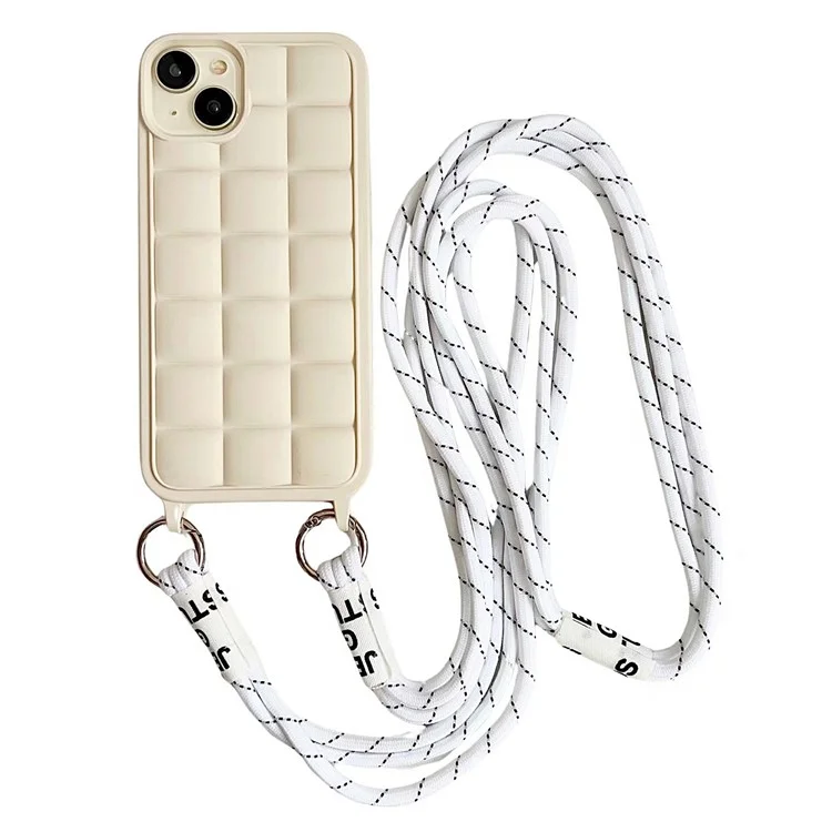 For iPhone 13 / 14 Case with Lanyard Soft TPU Phone Cover Non-Slip Grid Texture - Beige