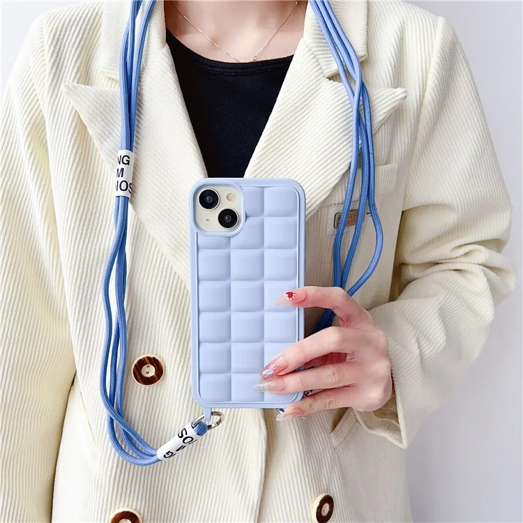 For iPhone 13 / 14 Case with Lanyard Soft TPU Phone Cover Non-Slip Grid Texture - Beige