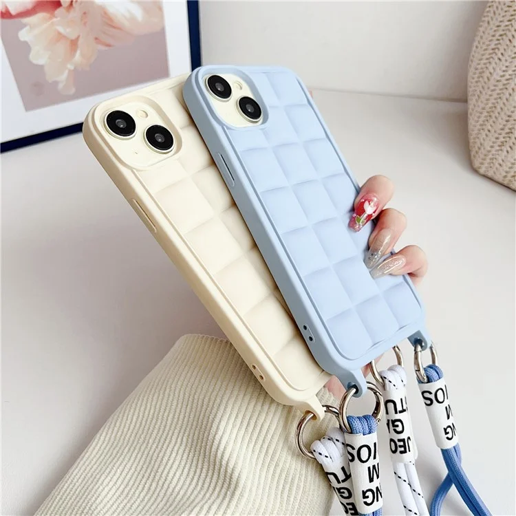 For iPhone 13 / 14 Case with Lanyard Soft TPU Phone Cover Non-Slip Grid Texture - Beige