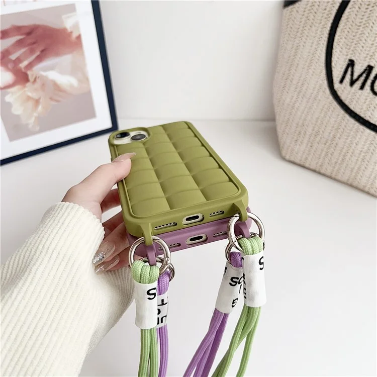 For iPhone 13 / 14 Case with Lanyard Soft TPU Phone Cover Non-Slip Grid Texture - Beige