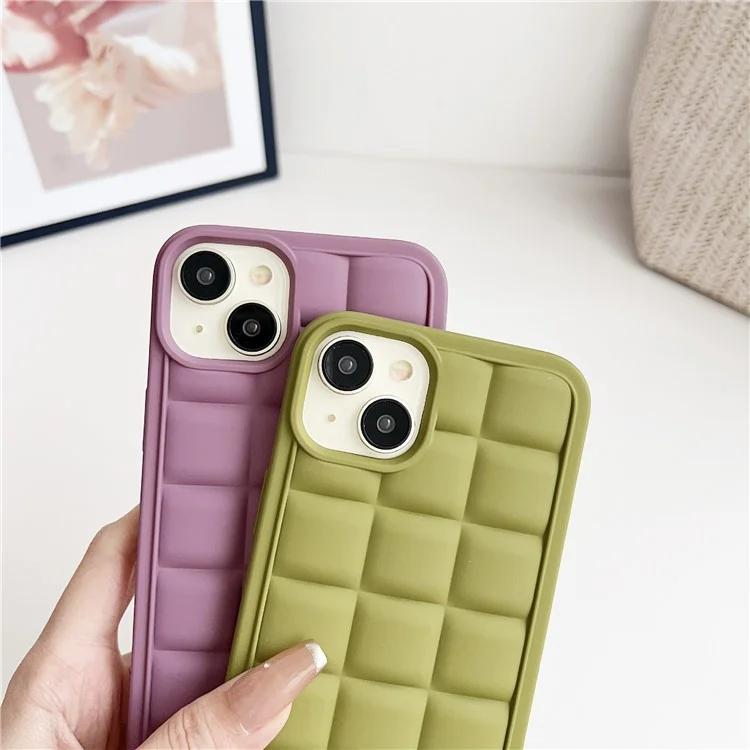 For iPhone 13 / 14 Case with Lanyard Soft TPU Phone Cover Non-Slip Grid Texture - Beige
