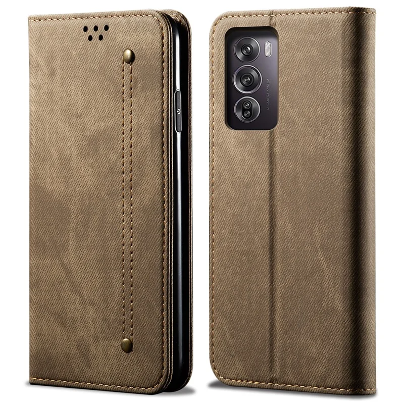 For Oppo Reno12 5G (Global) Case Leather Shockproof Phone Cover Jeans Cloth Texture Stand Function - Khaki