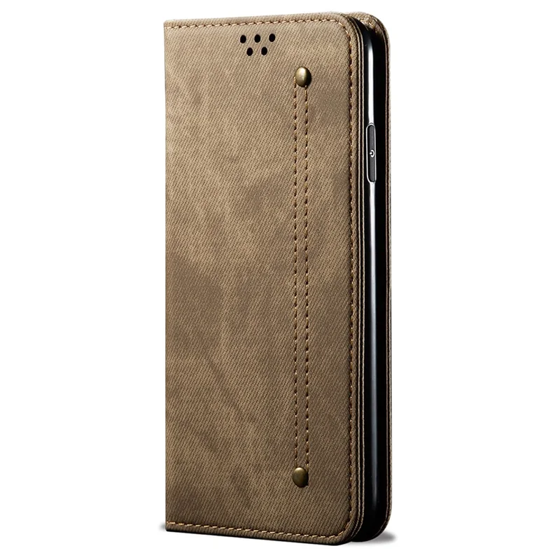 For Oppo Reno12 5G (Global) Case Leather Shockproof Phone Cover Jeans Cloth Texture Stand Function - Khaki