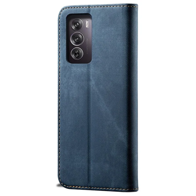 Für Oppo Reno12 Pro 5G (Global) Hülle Jeans Tuchstruktur Leder Telefonhülle mit Kartenfächern - Blau