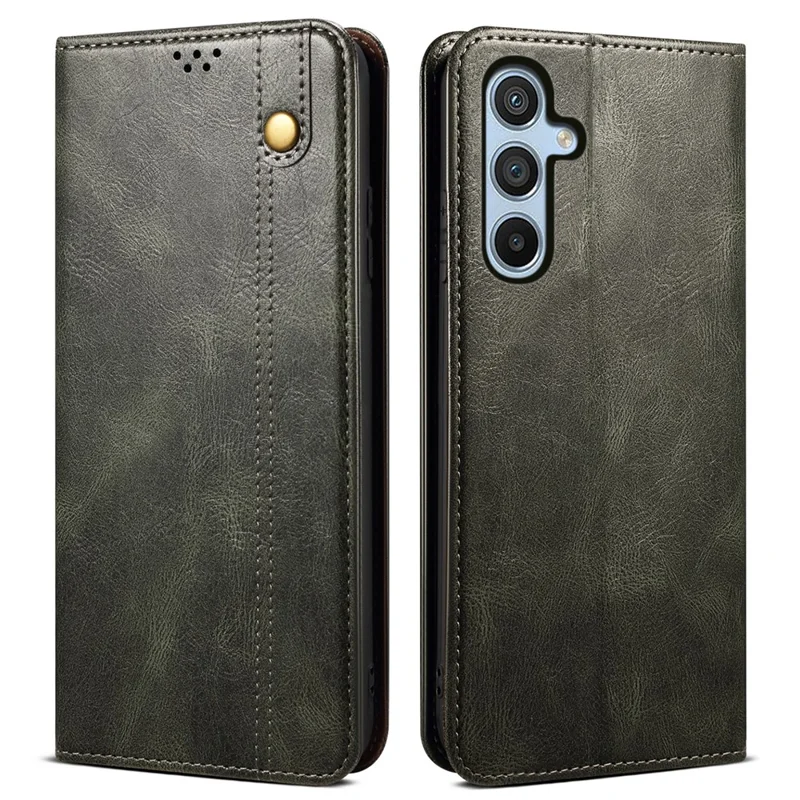 For Samsung Galaxy S24 FE Case Leather Phone Cover Waxy Crazy Horse Texture Magnetic Absorption - Green