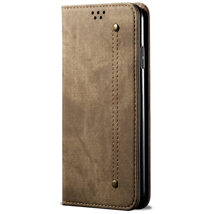 For Samsung Galaxy S24 FE Case Wallet Flip Leather Phone Cover Jeans Cloth Texture - Khaki