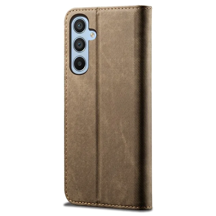 For Samsung Galaxy S24 FE Case Wallet Flip Leather Phone Cover Jeans Cloth Texture - Khaki