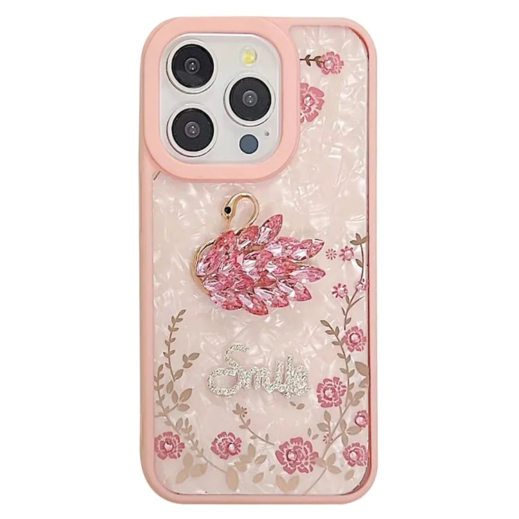 For iPhone 15 Pro Max Case Flower Rhinestone Decor TPU+Acrylic Phone Cover with Glitter Paper - Swan / Pink