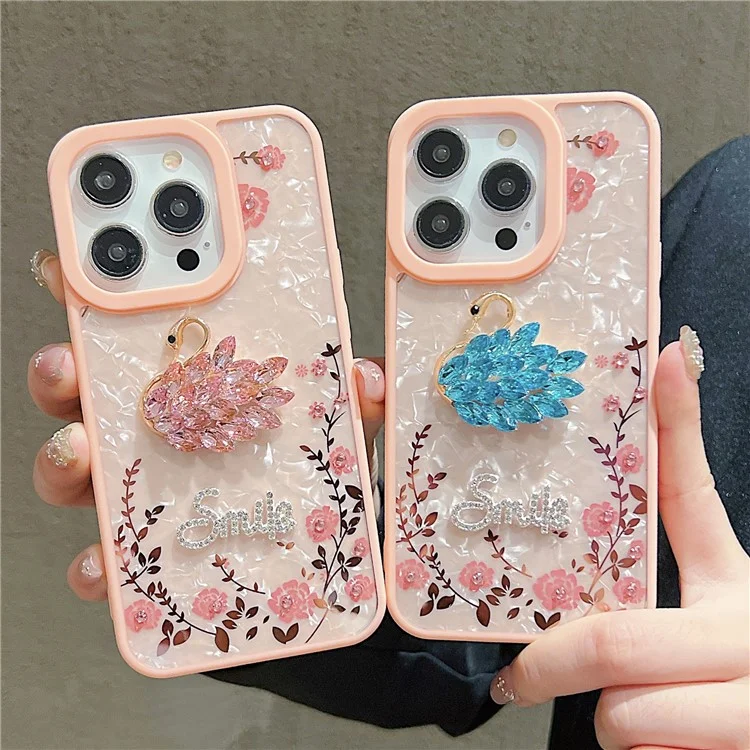 For iPhone 15 Pro Max Case Flower Rhinestone Decor TPU+Acrylic Phone Cover with Glitter Paper - Swan / Pink