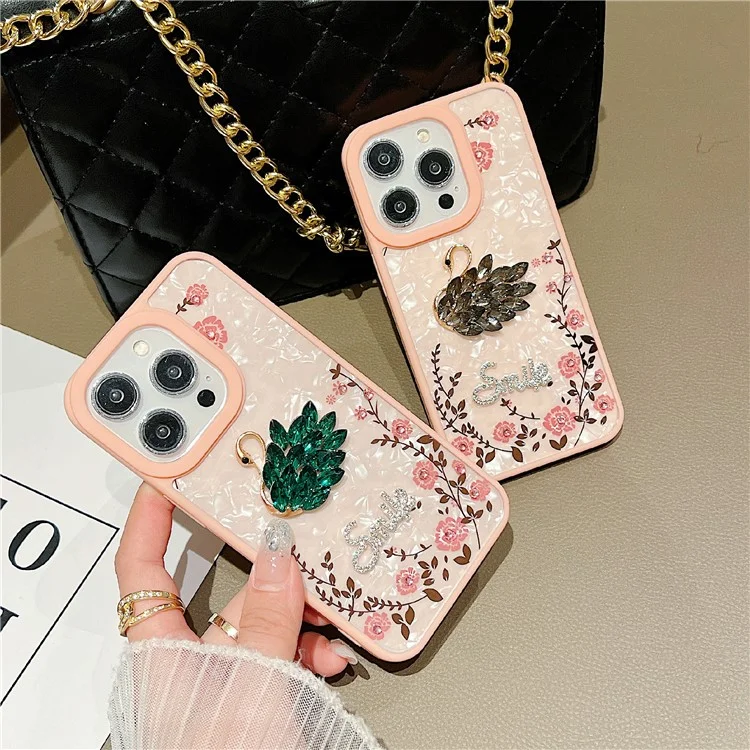 For iPhone 15 Pro Max Case Flower Rhinestone Decor TPU+Acrylic Phone Cover with Glitter Paper - Swan / Pink