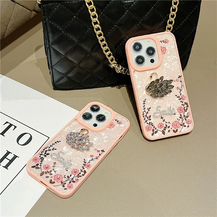 For iPhone 15 Pro Max Case Flower Rhinestone Decor TPU+Acrylic Phone Cover with Glitter Paper - Swan / Pink