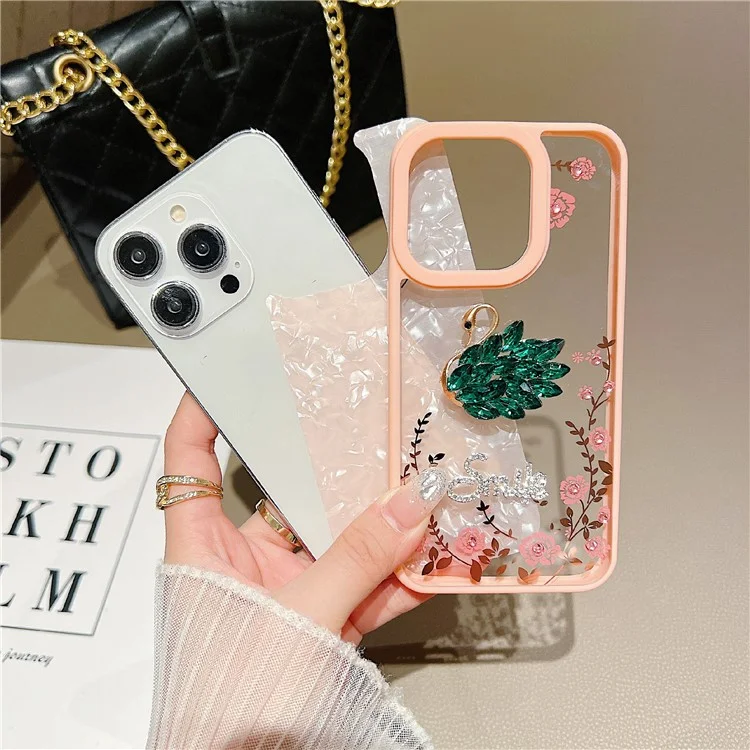 For iPhone 15 Pro Case 3D Pattern TPU+Acrylic Flower Shiny Phone Cover with Glitter Paper - Swan / Pink