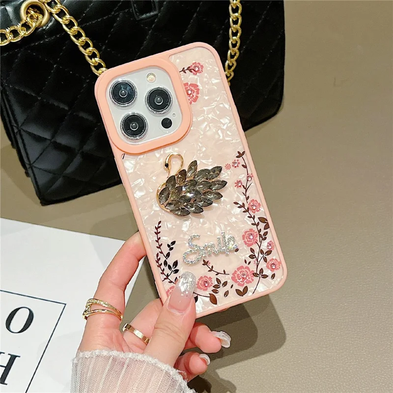 For iPhone 15 Pro Case 3D Pattern TPU+Acrylic Flower Shiny Phone Cover with Glitter Paper - Swan / Black