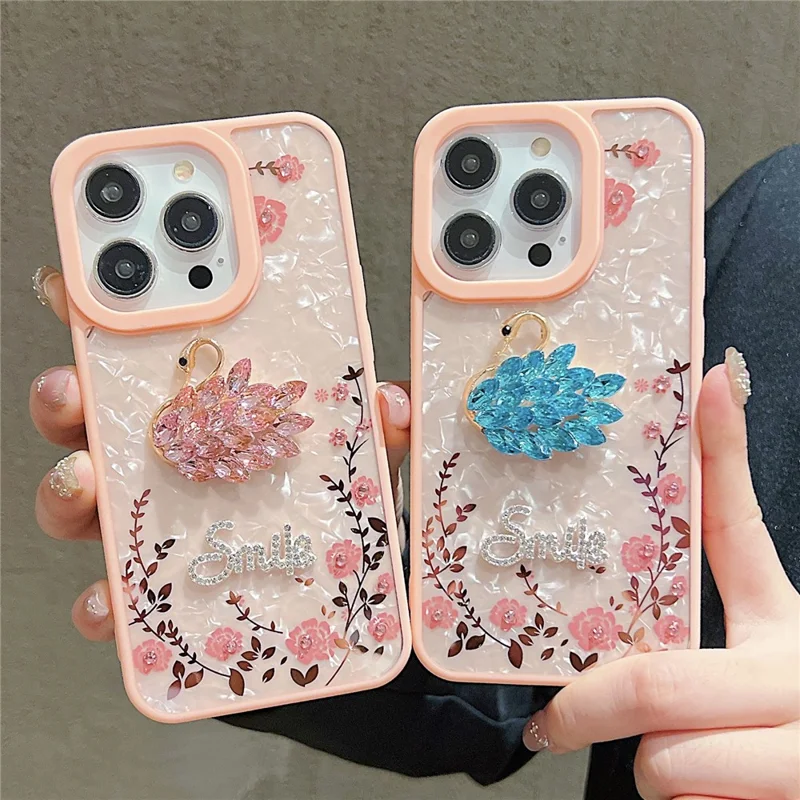 For iPhone 15 Pro Case 3D Pattern TPU+Acrylic Flower Shiny Phone Cover with Glitter Paper - Swan / Black