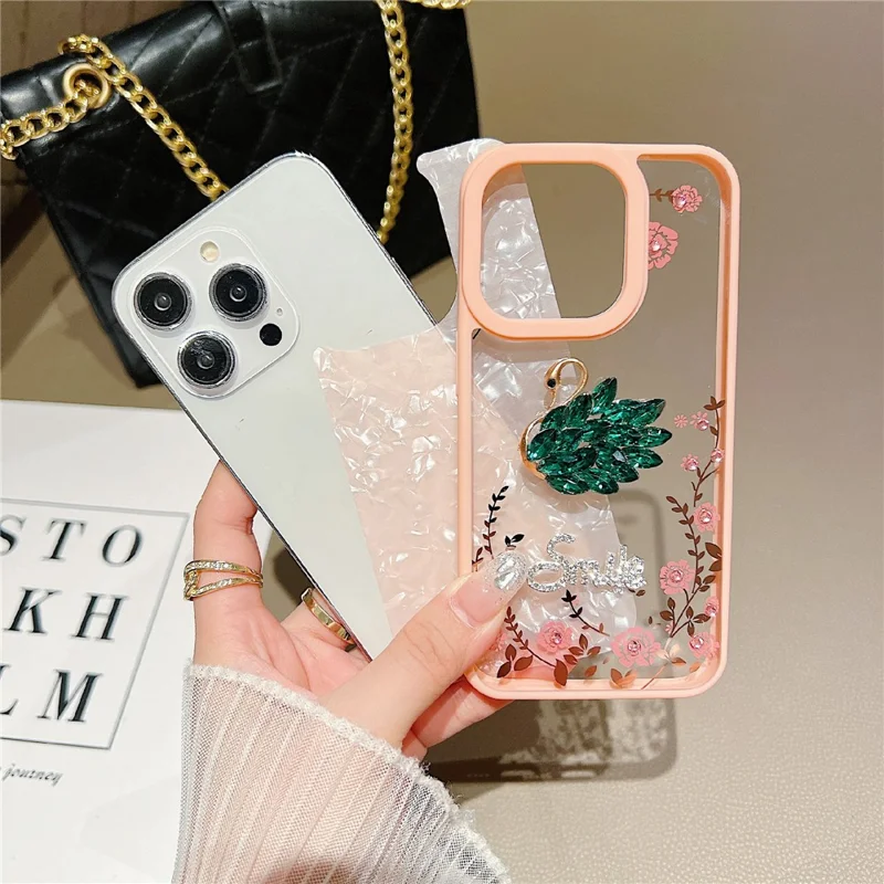 For iPhone 15 Pro Case 3D Pattern TPU+Acrylic Flower Shiny Phone Cover with Glitter Paper - Swan / Black