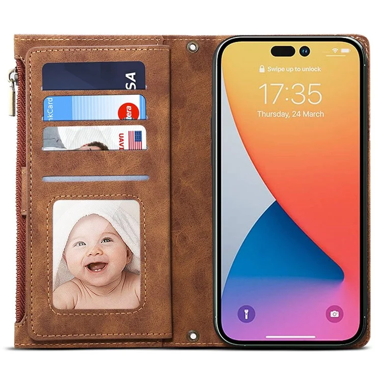 ESEBLE Star Series For iPhone 16 Pro Case Zipper Wallet Leather Stand Phone Cover - Marrom