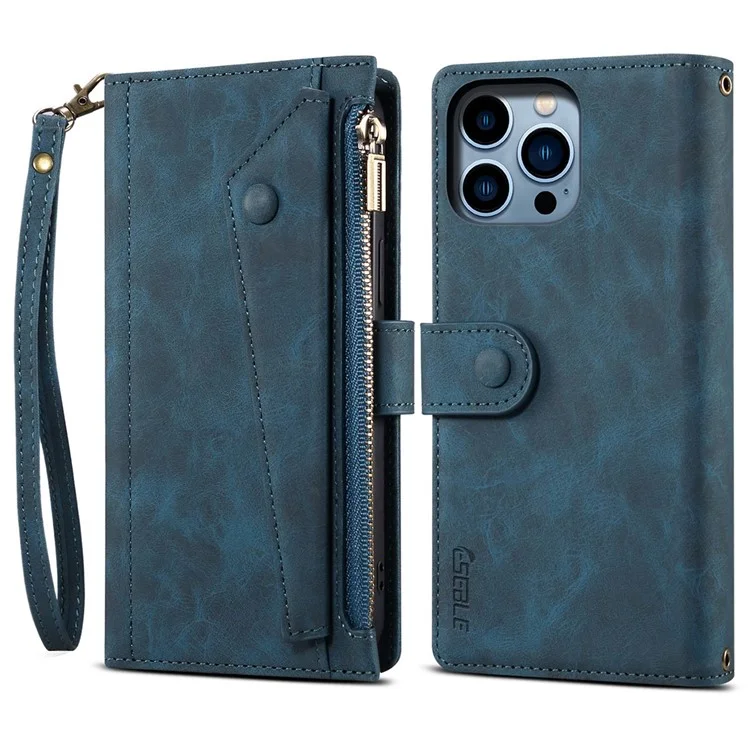 ESEBLE Star Series Per iPhone 16 Pro Max Case Zipper Wallet Anti-Drop PU Leather Phone Cover - Blu