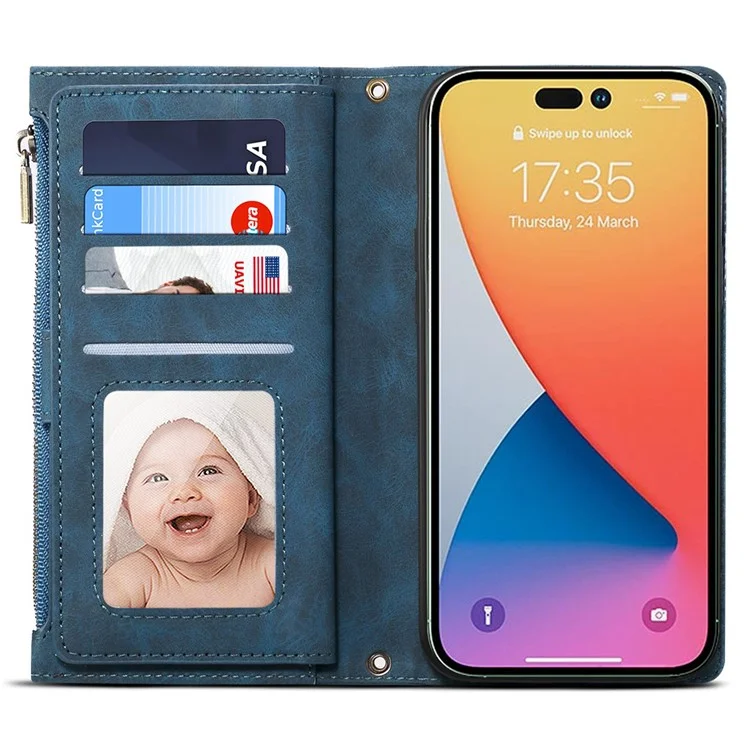 ESEBLE Star Series Per iPhone 16 Pro Max Case Zipper Wallet Anti-Drop PU Leather Phone Cover - Blu