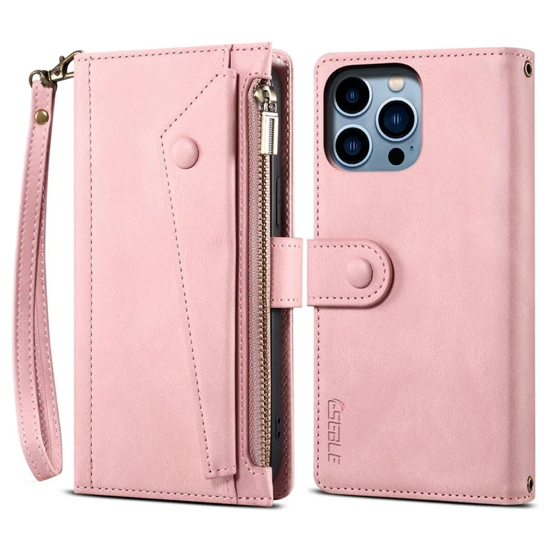 ESEBLE Star Series For iPhone 16 Pro Max Case Zipper Wallet Anti-drop PU Leather Phone Cover - Rose Gold