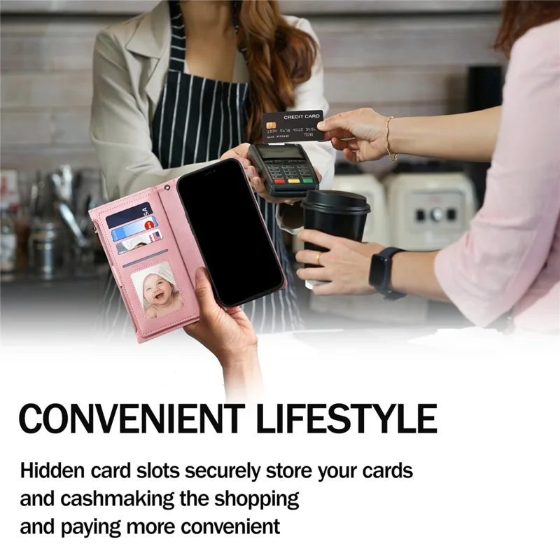 ESEBLE Star Series For iPhone 16 Pro Max Case Zipper Wallet Anti-drop PU Leather Phone Cover - Rose Gold