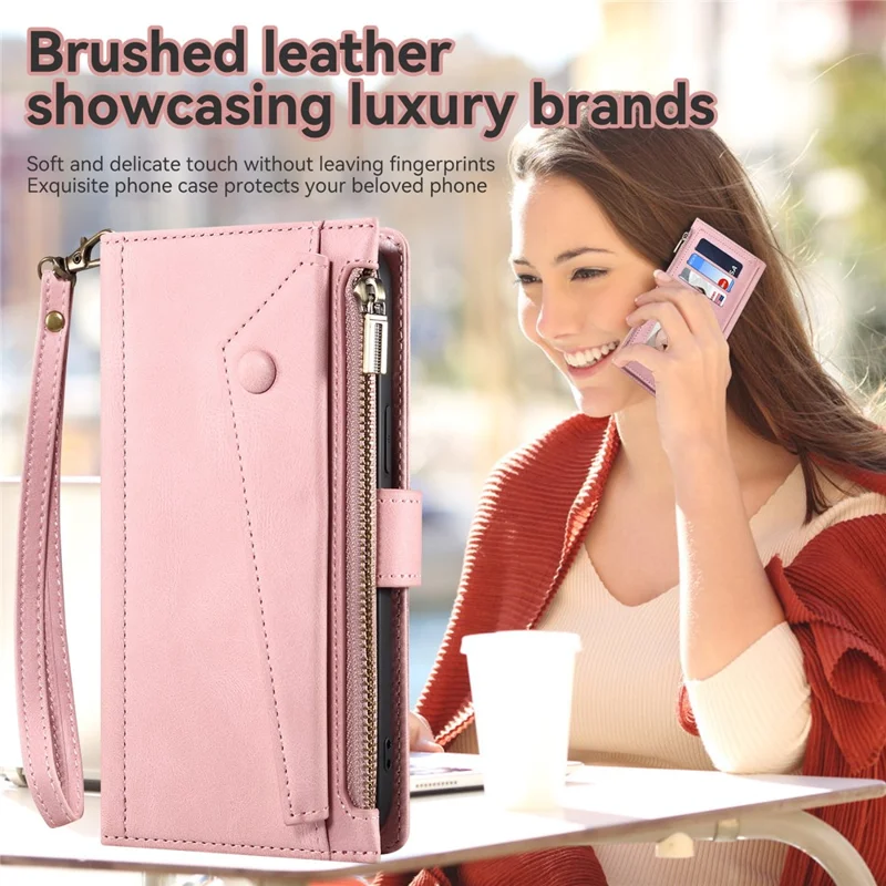 ESEBLE Star Series For iPhone 16 Pro Max Case Zipper Wallet Anti-drop PU Leather Phone Cover - Rose Gold