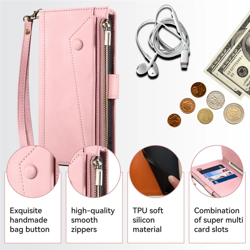 ESEBLE Star Series For iPhone 16 Pro Max Case Zipper Wallet Anti-drop PU Leather Phone Cover - Rose Gold