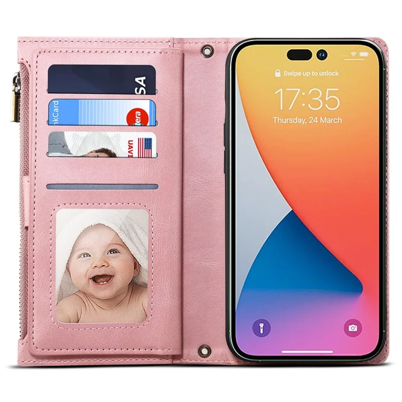 ESEBLE Star Series For iPhone 16 Pro Max Case Zipper Wallet Anti-drop PU Leather Phone Cover - Rose Gold