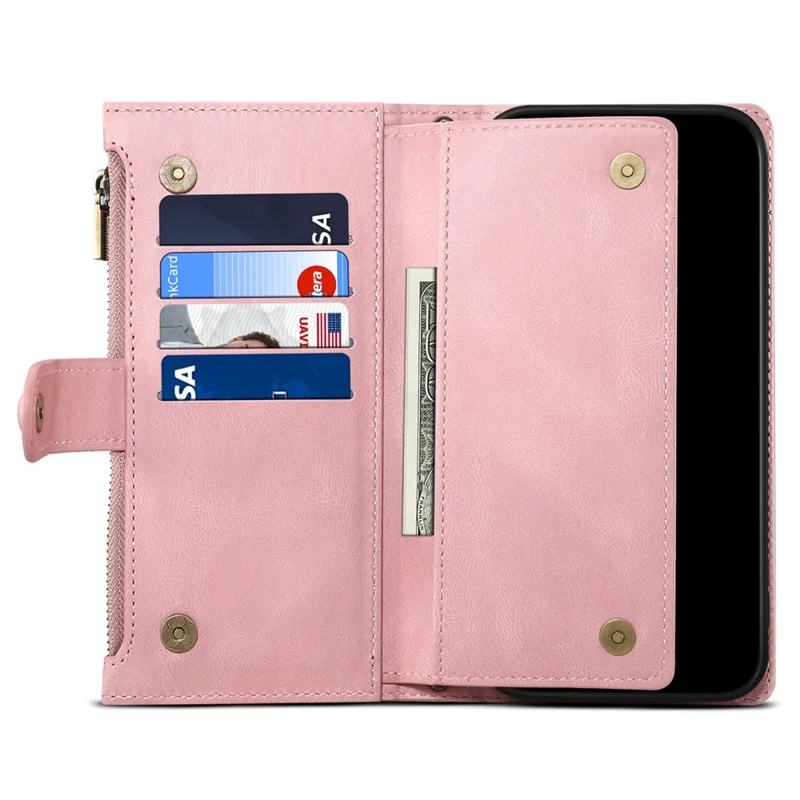 ESEBLE Star Series For iPhone 16 Pro Max Case Zipper Wallet Anti-drop PU Leather Phone Cover - Rose Gold