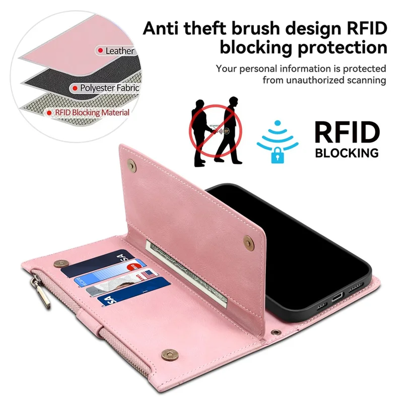 ESEBLE Star Series For iPhone 16 Pro Max Case Zipper Wallet Anti-drop PU Leather Phone Cover - Rose Gold