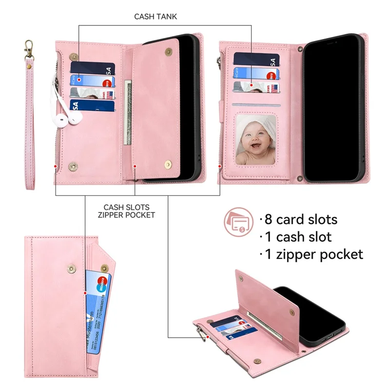 ESEBLE Star Series For iPhone 16 Pro Max Case Zipper Wallet Anti-drop PU Leather Phone Cover - Rose Gold