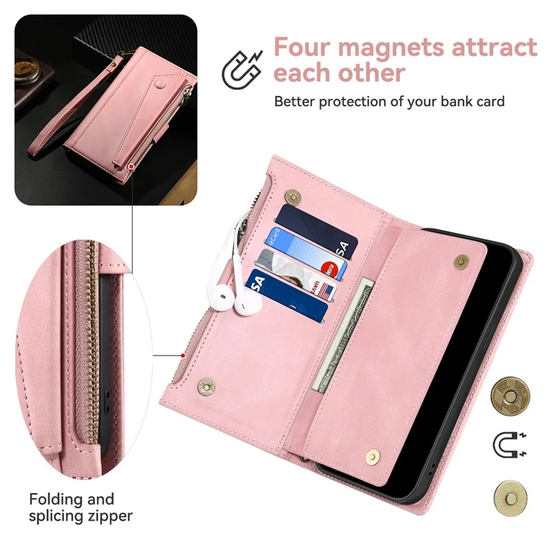 ESEBLE Star Series For iPhone 16 Pro Max Case Zipper Wallet Anti-drop PU Leather Phone Cover - Rose Gold