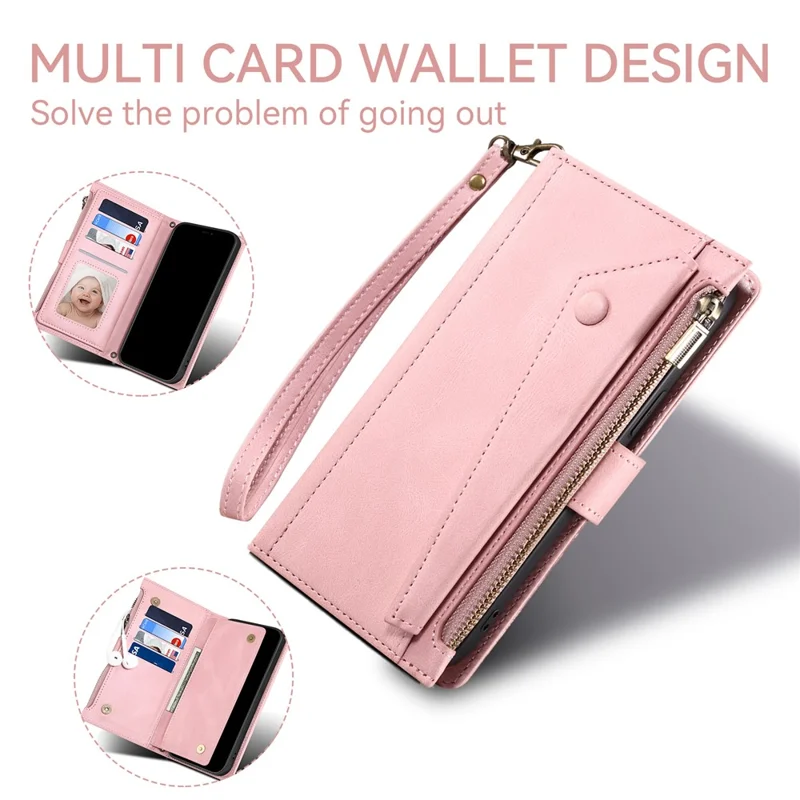 ESEBLE Star Series For iPhone 16 Pro Max Case Zipper Wallet Anti-drop PU Leather Phone Cover - Rose Gold