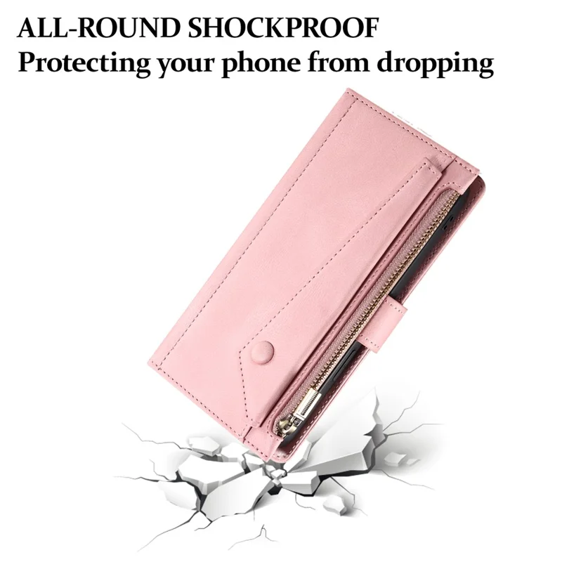 ESEBLE Star Series For iPhone 16 Pro Max Case Zipper Wallet Anti-drop PU Leather Phone Cover - Rose Gold